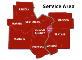 Service area map for RAK Custom Coatings covering St. Louis, St. Charles, Madison, St. Clair, Jefferson, Franklin, Warren, Monroe, and Lincoln counties.